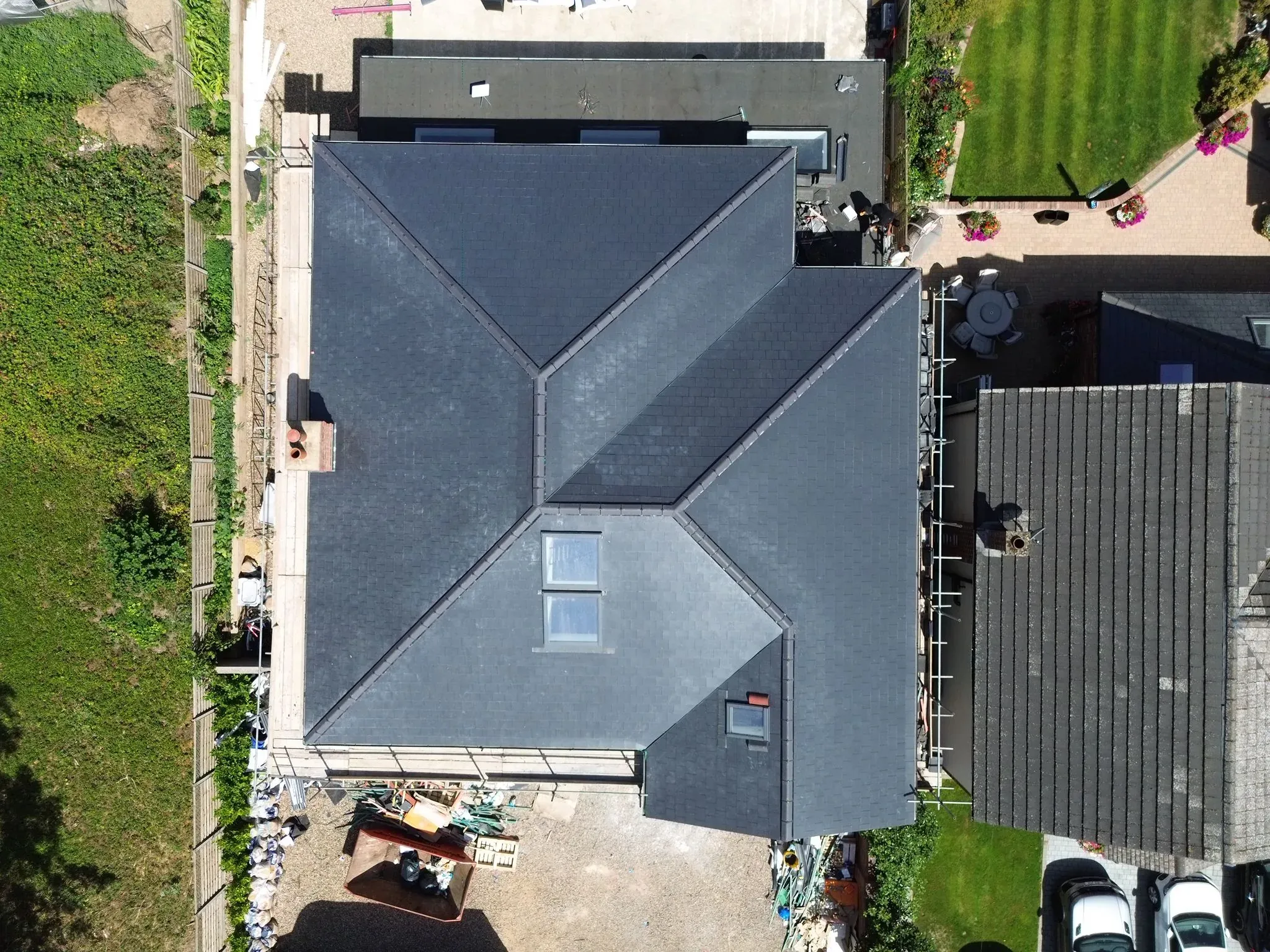 Completed fibre-cement slate roof replacement in Watford, Hertfordshire, viewed from above