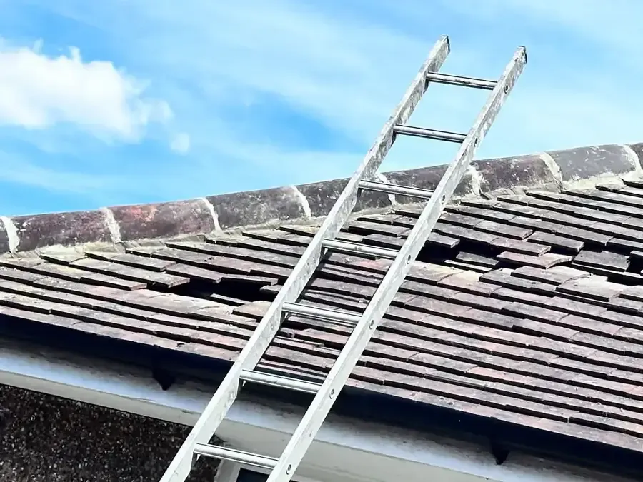 Existing plain-tile roof covering with sections removed beside a roof ladder in Farnham