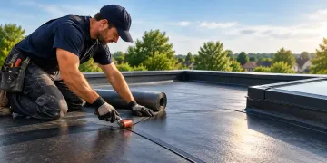 Roofer applying a flat roof membrane with a hand roller beside a rooflight.